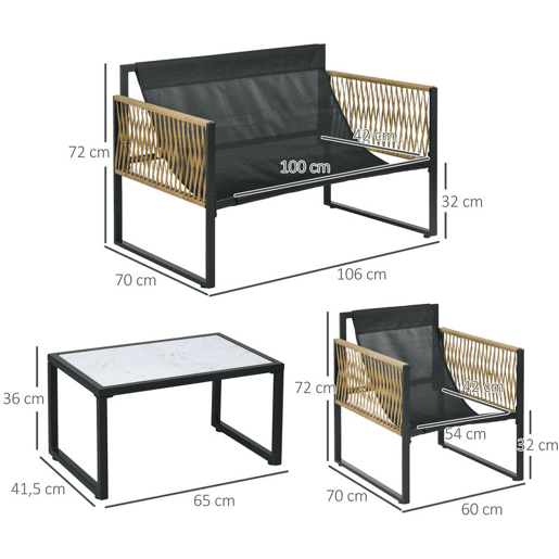 Outsunny Conjunto de Jardim Exterior em Rattan Móveis de Jardim para 4 Peças com 1 Sofá de 2 Lugares 2 Poltronas Almofadas e 1 Mesa com Tampo de Vidro para Terraço Creme e Castanho