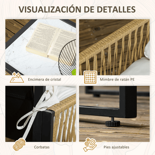 Outsunny Conjunto de Jardim Exterior em Rattan Móveis de Jardim para 4 Peças com 1 Sofá de 2 Lugares 2 Poltronas Almofadas e 1 Mesa com Tampo de Vidro para Terraço Creme e Castanho