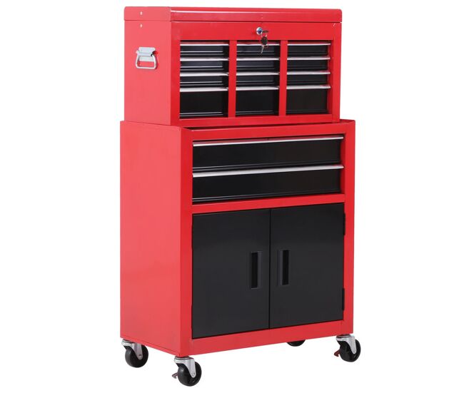 Homcom carro de herramientas con baúl superior, 2 en 1, carro de taller con 6 cajones, armario, cerradura, 4 ganchos, 2 ruedas con freno de bloqueo, para garaje, hogar, rojo
