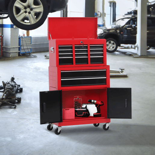 HOMCOM Carrinho de Ferramentas com Baú Superior 2 em 1 Carrinho de Oficina com 6 Gavetas Armário Fechadura 4 Ganchos 2 Rodas com Travão para Garagem e Casa Vermelho