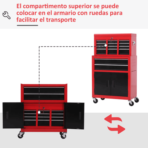 HOMCOM Carrinho de Ferramentas com Baú Superior 2 em 1 Carrinho de Oficina com 6 Gavetas Armário Fechadura 4 Ganchos 2 Rodas com Travão para Garagem e Casa Vermelho