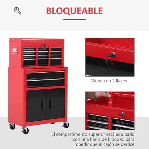HOMCOM Carrinho de Ferramentas com Baú Superior 2 em 1 Carrinho de Oficina com 6 Gavetas Armário Fechadura 4 Ganchos 2 Rodas com Travão para Garagem e Casa Vermelho