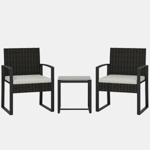 Outsunny Conjunto de Móveis de Exterior de 3 Peças Conjunto de Jardim em Vime PE com Cadeiras Mesa de Vidro Temperado e Almofadas Móveis para Balcão Marrom Escuro e Creme