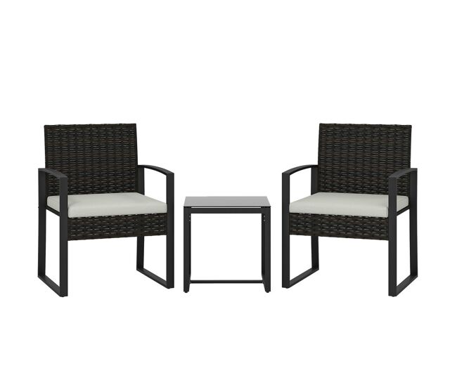 Outsunny conjunto de jardín exterior de 3 piezas, muebles jardín exterior de ratán con 2 sillas con cojines lavables y mesa de vidrio templado, resistente a intemperie, para balcón, patio, crema