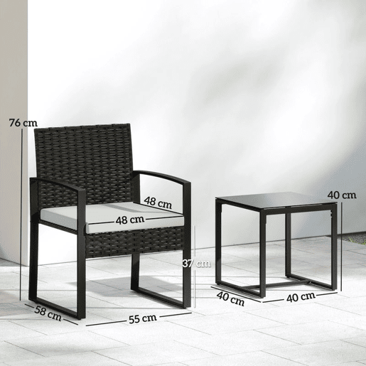 Outsunny Conjunto de Móveis de Exterior de 3 Peças Conjunto de Jardim em Vime PE com Cadeiras Mesa de Vidro Temperado e Almofadas Móveis para Balcão Marrom Escuro e Creme