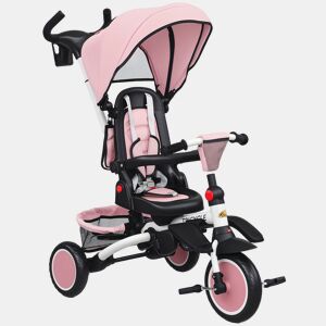 AIYAPLAY Triciclo Evolutivo 6 em 1 Dobrável Bicicleta para Crianças dos 1-5 Anos Assento Giratório 360° Encosto Reclinável com Toldo Pedais Barra de Empurrar Cesto Apoios para os Pés Rosa
