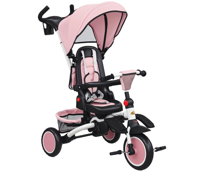 Aiyaplay triciclo evolutivo 6 en 1 plegable, bicicleta para niños de 1-5 años, asiento giratorio de 360°, respaldo reclinable, con toldo, pedales, barra de empuje, portavasos, cesta, reposapiés, rosa