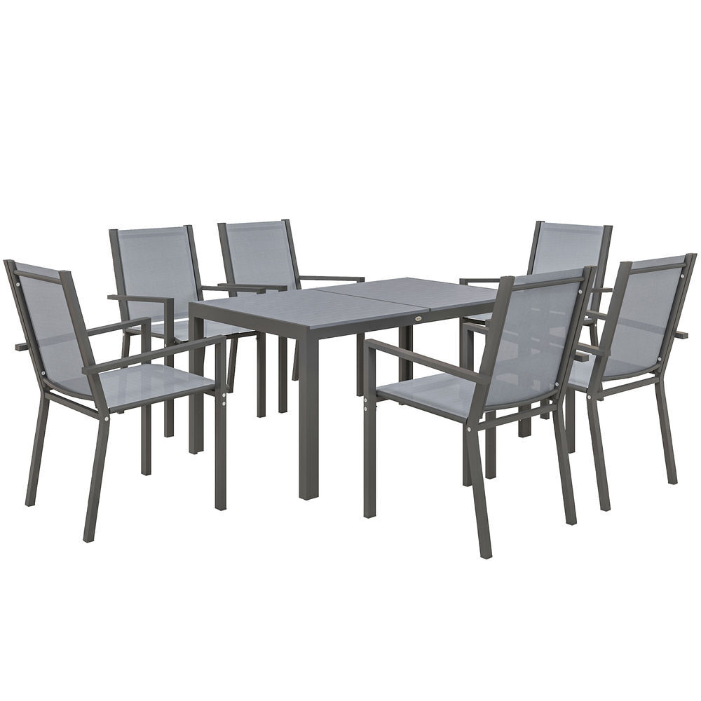 Outsunny conjunto de mesa y sillas jardín de 7 piezas, muebles de jardín exterior con 6 sillas apilables, mesa con encimera de madera plásticay marco de acero, para terraza, patio, caqui y marrón