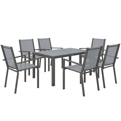 Outsunny Conjunto de Mesa e Cadeiras de Jardim 7 Peças, Mobiliário de Exterior com 6 Cadeiras Empilháveis, Mesa com Tampo de Madeira Plástica e Estrutura de Aço, para Terraço, Pátio, Caqui e Castanho