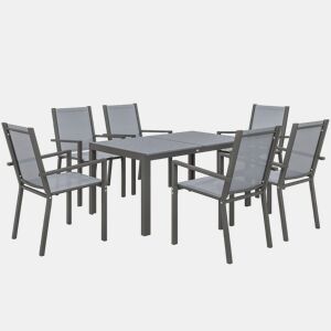 Outsunny Conjunto de Mesa e Cadeiras de Jardim 7 Peças, Mobiliário de Exterior com 6 Cadeiras Empilháveis, Mesa com Tampo de Madeira Plástica e Estrutura de Aço, para Terraço, Pátio, Caqui e Castanho