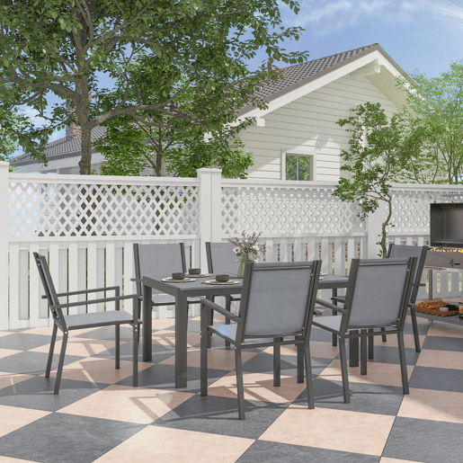 Outsunny Conjunto de Mesa e Cadeiras de Jardim 7 Peças, Mobiliário de Exterior com 6 Cadeiras Empilháveis, Mesa com Tampo de Madeira Plástica e Estrutura de Aço, para Terraço, Pátio, Caqui e Castanho