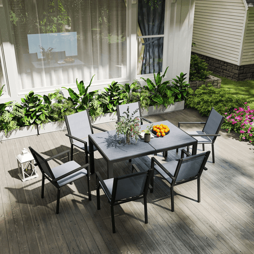 Outsunny Conjunto de Mesa e Cadeiras de Jardim 7 Peças, Mobiliário de Exterior com 6 Cadeiras Empilháveis, Mesa com Tampo de Madeira Plástica e Estrutura de Aço, para Terraço, Pátio, Caqui e Castanho