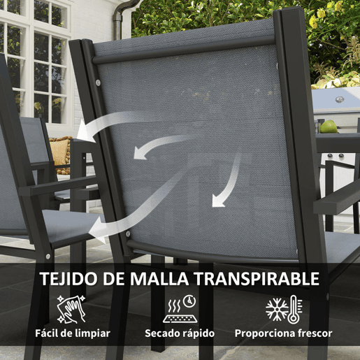 Outsunny Conjunto de Mesa e Cadeiras de Jardim 7 Peças, Mobiliário de Exterior com 6 Cadeiras Empilháveis, Mesa com Tampo de Madeira Plástica e Estrutura de Aço, para Terraço, Pátio, Caqui e Castanho