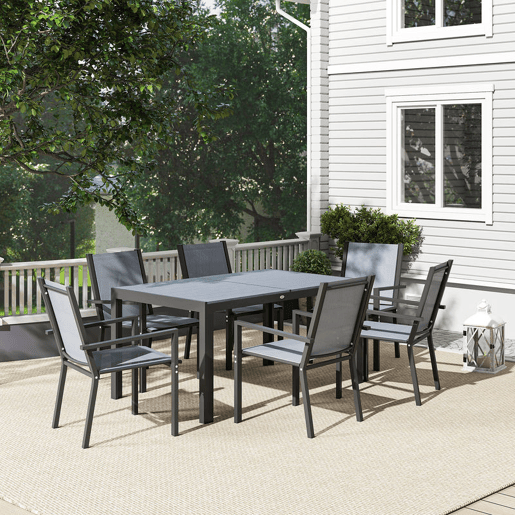 Outsunny Conjunto de Mesa e Cadeiras de Jardim 7 Peças, Mobiliário de Exterior com 6 Cadeiras Empilháveis, Mesa com Tampo de Madeira Plástica e Estrutura de Aço, para Terraço, Pátio, Caqui e Castanho