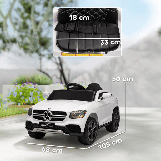 AIYAPLAY Carro Elétrico para Crianças Mercedes-Benz GLC, Coupé de Bateria 12V com Controlo Remoto 2,4 G Motor Duplo Arranque Progressivo 3u20135 kmh Uso 80 Min MP3 Buzina e Faróis LED 3-6 Anos Branco
