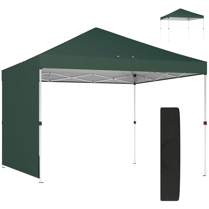 Outsunny carpa plegable 3x3 m, pop-up, con pared lateral, cenador de jardín con protección upf50+, empuje central, altura ajustable, bolsa de transporte, gazebo para camping, exterior, verde
