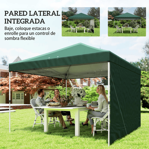 Outsunny Tenda Dobrável 3x3 m Pop-up com Parede Lateral Tenda de Jardim com Proteção UPF50+ Empurre Central Altura Ajustável Bolsa de Transporte Tenda para Campismo Exterior Verde