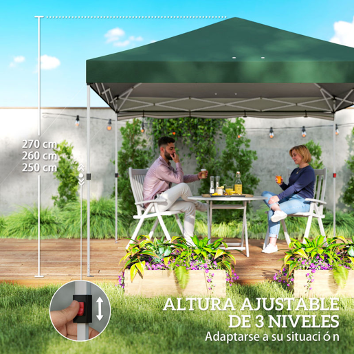 Outsunny Tenda Dobrável 3x3 m Pop-up com Parede Lateral Tenda de Jardim com Proteção UPF50+ Empurre Central Altura Ajustável Bolsa de Transporte Tenda para Campismo Exterior Verde
