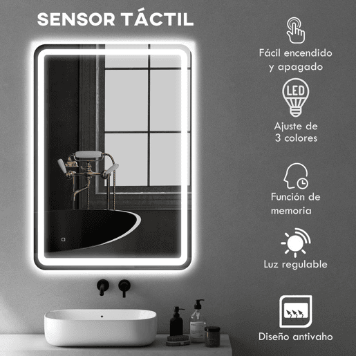 HOMCOM Espelho Casa de banho com Luzes LED 70x100 cm Espelho de Parede Antiembaciamento com 3 Temperaturas de Cor Ajustável e Função de Memória Horizontal e Vertical Prata