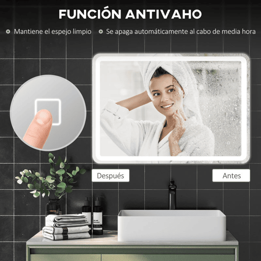HOMCOM Espelho Casa de banho com Luzes LED 70x100 cm Espelho de Parede Antiembaciamento com 3 Temperaturas de Cor Ajustável e Função de Memória Horizontal e Vertical Prata