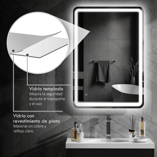 HOMCOM Espelho Casa de banho com Luzes LED 70x100 cm Espelho de Parede Antiembaciamento com 3 Temperaturas de Cor Ajustável e Função de Memória Horizontal e Vertical Prata