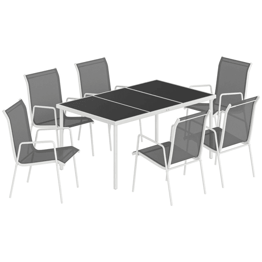 Outsunny Conjunto de Refeição 7 Peças Conjunto de Refeição de Jardim com Mesa de Vidro Temperado e 6 Cadeiras Empilháveis com Apoio para os Braços Cinzento