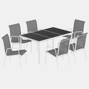 Outsunny Conjunto de Refeição 7 Peças Conjunto de Refeição de Jardim com Mesa de Vidro Temperado e 6 Cadeiras Empilháveis com Apoio para os Braços Cinzento