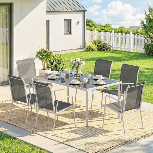 Outsunny Conjunto de Refeição 7 Peças Conjunto de Refeição de Jardim com Mesa de Vidro Temperado e 6 Cadeiras Empilháveis com Apoio para os Braços Cinzento