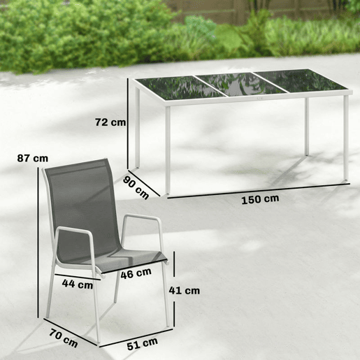 Outsunny Conjunto de Refeição 7 Peças Conjunto de Refeição de Jardim com Mesa de Vidro Temperado e 6 Cadeiras Empilháveis com Apoio para os Braços Cinzento
