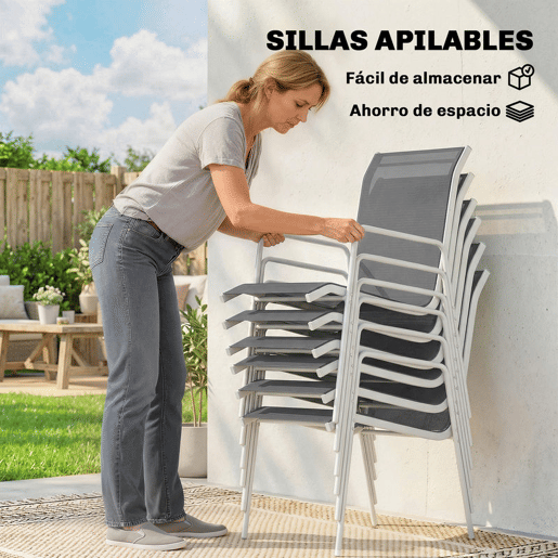Outsunny Conjunto de Refeição 7 Peças Conjunto de Refeição de Jardim com Mesa de Vidro Temperado e 6 Cadeiras Empilháveis com Apoio para os Braços Cinzento