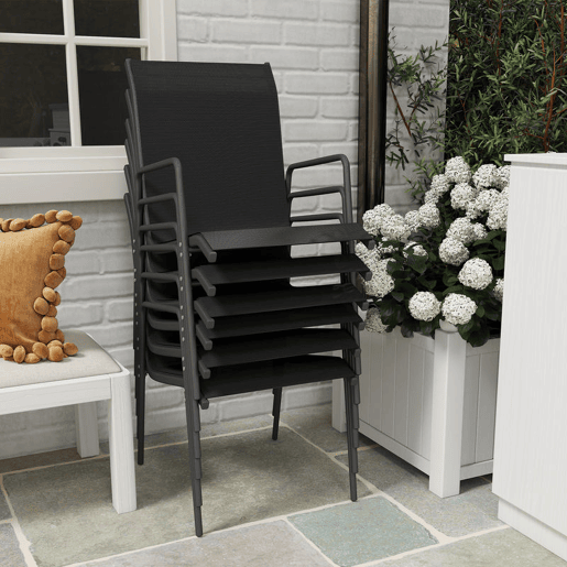 Outsunny Conjunto de Refeição 7 Peças Conjunto de Refeição de Jardim com Mesa de Vidro Temperado e 6 Cadeiras Empilháveis com Apoio para os Braços Cinzento