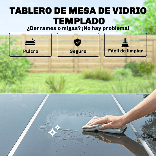 Outsunny Conjunto de Refeição 7 Peças Conjunto de Refeição de Jardim com Mesa de Vidro Temperado e 6 Cadeiras Empilháveis com Apoio para os Braços Cinzento