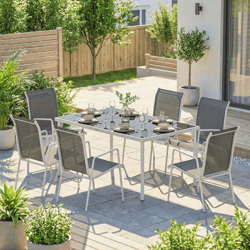 Outsunny Conjunto de Refeição 7 Peças Conjunto de Refeição de Jardim com Mesa de Vidro Temperado e 6 Cadeiras Empilháveis com Apoio para os Braços Cinzento