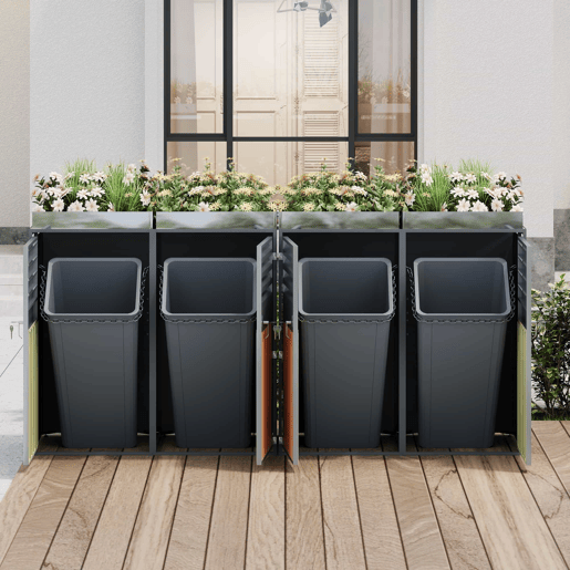 Contentor do lixo - com ventilação, 4 portas, com fechadura, com vaso para plantas - CinzaMadeira