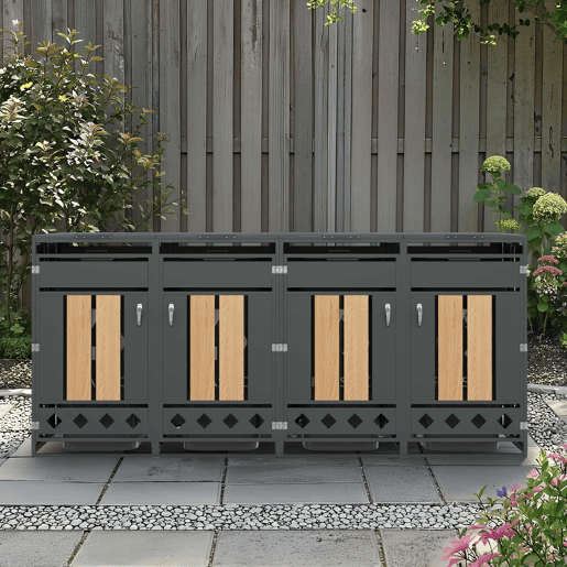 Caixa para lixo com tampa articulada - Compartimentos de armazenamento para lixo, Fecho, Quatro portas, Painel da porta com veios de madeira verticais, Base oca em forma de losango - Cinza, Madeira