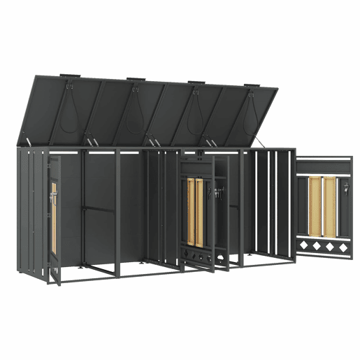 Caixa para lixo com tampa articulada - Compartimentos de armazenamento para lixo, Fecho, Quatro portas, Painel da porta com veios de madeira verticais, Base oca em forma de losango - Cinza, Madeira