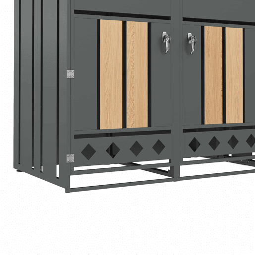 Caixa para lixo com tampa articulada - Compartimentos de armazenamento para lixo, Fecho, Quatro portas, Painel da porta com veios de madeira verticais, Base oca em forma de losango - Cinza, Madeira