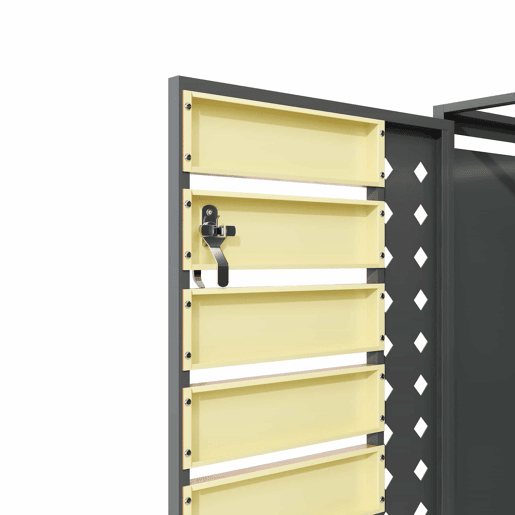 Caixa para lixo 132x80x118 cm - Com tampa rebatível, compartimentos de armazenamento, fechadura, quatro portas, painel da porta com design em diamante - Cinza, Madeira