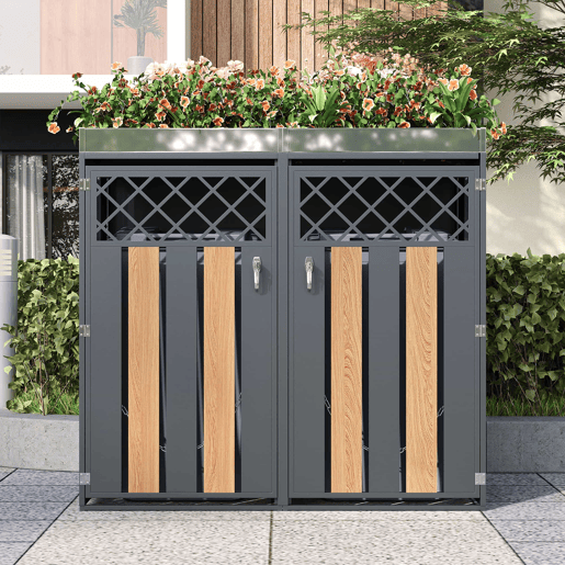 Contentor de lixo exterior 132x80x124,5 cm - com orifícios de ventilação em forma de losango, compartimentos para resíduos, fechadura, duas portas e superfície para plantas - Cinza e Madeira