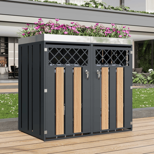 Contentor de lixo exterior 132x80x124,5 cm - com orifícios de ventilação em forma de losango, compartimentos para resíduos, fechadura, duas portas e superfície para plantas - Cinza e Madeira