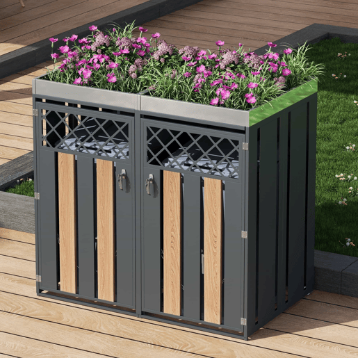 Contentor de lixo exterior 132x80x124,5 cm - com orifícios de ventilação em forma de losango, compartimentos para resíduos, fechadura, duas portas e superfície para plantas - Cinza e Madeira