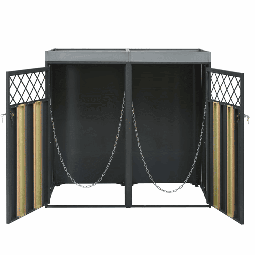 Contentor de lixo exterior 132x80x124,5 cm - com orifícios de ventilação em forma de losango, compartimentos para resíduos, fechadura, duas portas e superfície para plantas - Cinza e Madeira