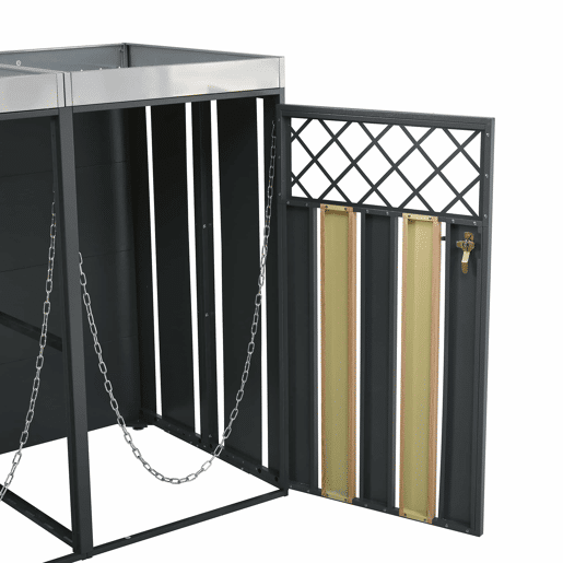 Contentor de lixo exterior 132x80x124,5 cm - com orifícios de ventilação em forma de losango, compartimentos para resíduos, fechadura, duas portas e superfície para plantas - Cinza e Madeira