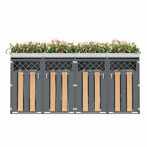 Contentor de lixo exterior 132x80x124,5 cm - com orifícios de ventilação em forma de losango, 4 portas, compartimentos fechados com chave e superfície para plantas - Cinza e Madeira