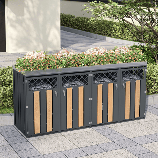 Contentor de lixo exterior 132x80x124,5 cm - com orifícios de ventilação em forma de losango, 4 portas, compartimentos fechados com chave e superfície para plantas - Cinza e Madeira