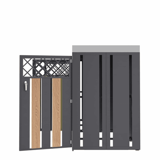 Contentor de lixo exterior 132x80x124,5 cm - com orifícios de ventilação em forma de losango, 4 portas, compartimentos fechados com chave e superfície para plantas - Cinza e Madeira
