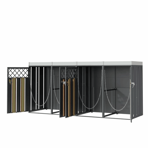 Contentor de lixo exterior 132x80x124,5 cm - com orifícios de ventilação em forma de losango, 4 portas, compartimentos fechados com chave e superfície para plantas - Cinza e Madeira
