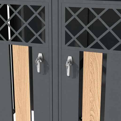 Contentor de lixo exterior 132x80x124,5 cm - com orifícios de ventilação em forma de losango, 4 portas, compartimentos fechados com chave e superfície para plantas - Cinza e Madeira