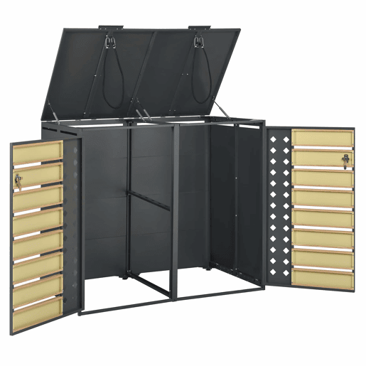 Caixa para lixo - 2 portas, com fechadura, tampa basculante, painel da porta em forma de diamante - Cinza, Madeira