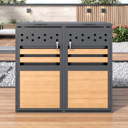 Caixa para lixo 132x80x118 cm - Com tampa rebatível, compartimentos para armazenamento de lixo, com fechadura, duas portas, recortes em forma de losango, painéis de madeira com veios horizontais - Cinza, Madeira